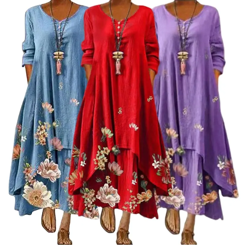 Kadın giyim artı boyutu elbise elbise Bohemian Maxi uzun elbiseler kadınlar Vintage yaz çiçek Boho elbise