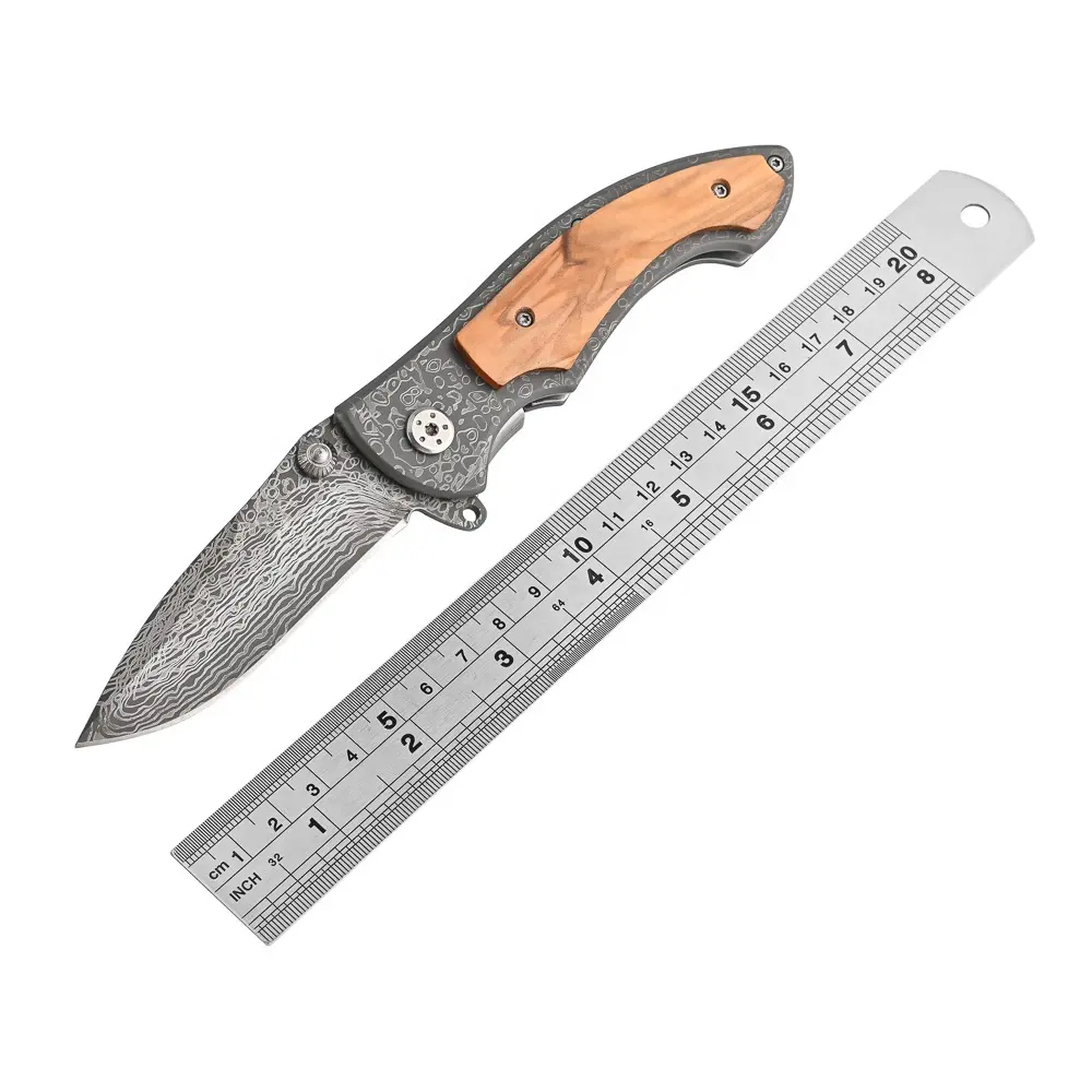 Engravable Wood Handle Damascus Titanium Coated Folding Steel Blade Camping Survival Pocket Knife