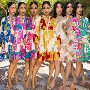 เดรสสตรีทแวร์ทรงมิดิ รุ่น K3601 แฟชั่นทันสมัย พิมพ์ลายดอกไม้ คอวี สีตัดกัน สไตล์ลำลอง โบฮีเมียน ใส่สบายสำหรับฤดูร้อน - Product Image 2