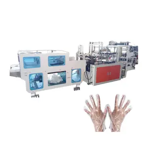 Otomatik yüksek hızlı tek kullanımlık HDPE/TPE/LDPE plastik eldiven yapma makinesi çift katmanlı eldiven makinesi
