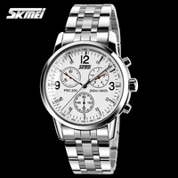 Montre chronographe à quartz pour homme SKMEI, bracelet en acier inoxydable argenté, cadran blanc, montre chronographe multifonction, montre à quartz analogique