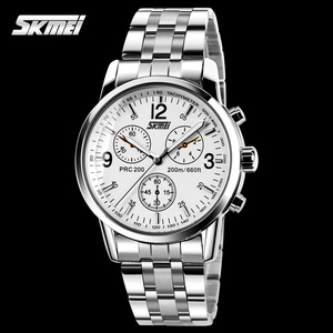 Montre chronographe à quartz pour homme SKMEI, bracelet en acier inoxydable argenté, cadran blanc, montre chronographe multifonction, montre à quartz analogique - Product Image 1