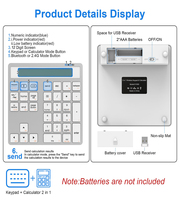 Clavier numérique ergonomique sans fil BT double mode USB 3.0 en plastique avec calculatrice intégrée 2-en-1, pavé numérique portable pour ordinateur portable et PC
