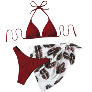 Traje de Baño de Gasa con Cinturón de Spandex/Nylon Sólido con Logotipo Personalizado, Bikini de Tres Piezas para Mujer - Product Image 1