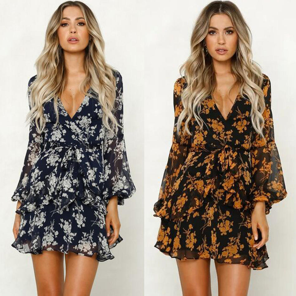 Wish Hot Sale Women Bohemian Dresses Summer Floral V Neck