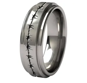 Custom design coated pattern ring adorned with stylized barb wire carvings Aria titanium ring