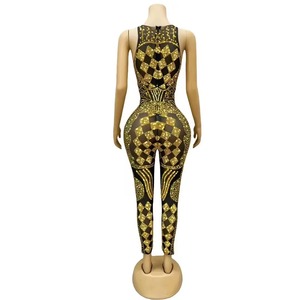 Tuta Sexy Trasparente in Rete Nera con Brillanti Strass Dorati per Danza dello Xinjiang, Abbigliamento da Festa per Cantanti e Ballerine - Product Image 2