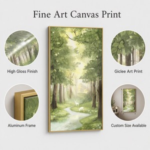 Peintures et décorations murales – Impression sur toile haute brillance Wabi Sabi, forêt verticale, cerf, ruisseau – Écologique, imperméable, cadre en aluminium - Product Image 5