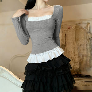 Sweet Style Peter Pan Collar Contrast <b>Patchwork</b> Square Neck Slim Fit Long Sleeve <b>Top</b> Waist-Cinching Pleated Ruffle Hem T-Shirt - Product Image 4