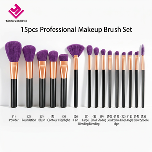 Set de Brochas de <span class=keywords><strong>Maquillaje</strong></span> de Lujo, 15 Piezas, Cerdas Moradas, Mango Negro, Oro Rosa, Logotipo Personalizado, Suaves, Veganas, para Base, Polvo y Ojos, OEM - Product Image 4