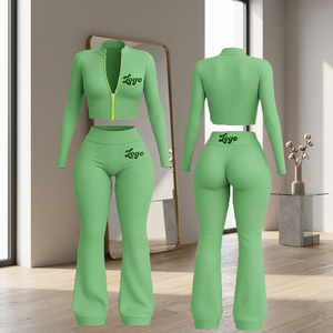Conjunto Deportivo de Invierno para Mujer, Tallas Grandes, con Logotipo Personalizado, Chaqueta con Cierre Completo, Pantalones Acampanados, 2 Piezas, Forro Polar, Transpirable - Product Image 3