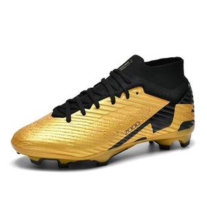 Chaussures de football montantes respirantes en cuir métallisé or et noir à <span class=keywords><strong>lacets</strong></span> pour hommes, idéales pour le terrain intérieur (TF) et le terrain à crampons (FG), collection printemps-été-<span class=keywords><strong>hiver</strong></span>. - Product Image 2