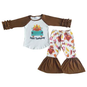 공장 가격 공급 RTS 감사의 날 아기 소녀 칠면조 세트 유아 프릴 바지 정장 가을 어린이 옷 의상