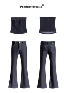 Completo coordinato da donna in denim elasticizzato indigo rigido: top corto a fascia e <span class=keywords><strong>jeans</strong></span> a zampa a <span class=keywords><strong>vita</strong></span> <span class=keywords><strong>bassa</strong></span>, vestibilità <span class=keywords><strong>skinny</strong></span>, estivo, all'ingrosso OEM/ODM - Product Image 5