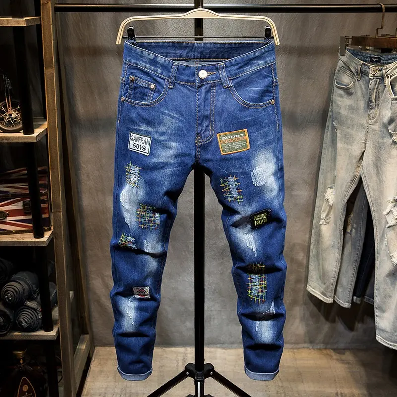 Blue Vintage Ripped jeans for men Patchwork chic Men's Jeans Denim Jeans Trousers Pants