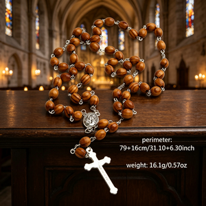 Rosario de Madera con Cuentas y Crucifijo Plateado INRI, Joyería Religiosa Cristiana, Unisex, Hecho a Mano, Chapado Antiguo - Product Image 2