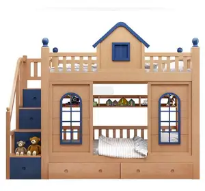 Litera de madera sólida multifuncional para niños, cama de Castillo de madera de estilo moderno