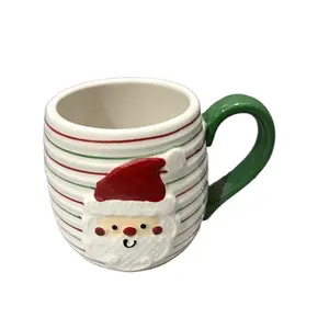 Holiday Rib Stripe Coffee Mug 3D Hand Painted Santa, Heart, Clover Pattern Ceramic Christmas Santa Mug Embossed Lovely Gift