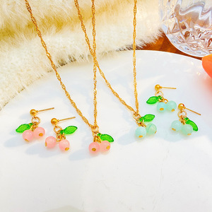 Colliers pendentifs simples <span class=keywords><strong>cerises</strong></span> vertes pour femmes, ensemble boucles d'oreilles chaîne clavicule <span class=keywords><strong>cerises</strong></span> rouges, accessoires bijoux - Product Image 5