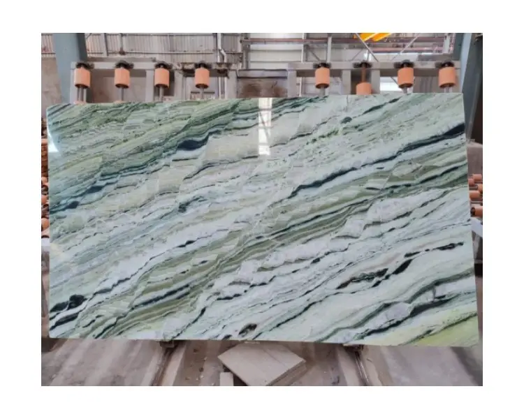 Suelo de mármol verde natural pulido Bookmatch, decoración de borde de suelo de mármol verde