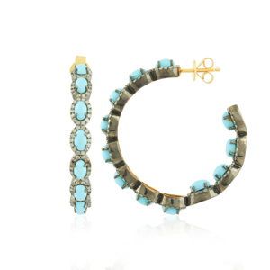 Art Deco Oval Turquoise Cabochon Hoop <b>Earrings</b> with Delicate Halo Diamonds Oxidized Finish Secure Post <b>Backs</b> - Product Image 3