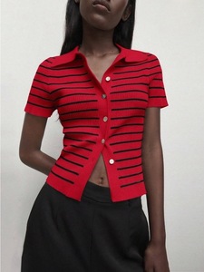 Cárdigan de punto elegante de manga corta a <span class=keywords><strong>rayas</strong></span> francesas para <span class=keywords><strong>mujer</strong></span>, camiseta informal transpirable con cuello de <span class=keywords><strong>Polo</strong></span> - Product Image 3