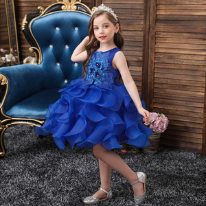 Robe de princesse pour enfants, en Organza bleu, coupe trapèze, col rond, robe de fête d'anniversaire pour filles, pour petites filles - Product Image 3