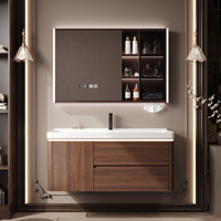 Meuble de salle de bain couleur noyer avec lavabo intégré en céramique, grand lavabo marin et table de lavabo