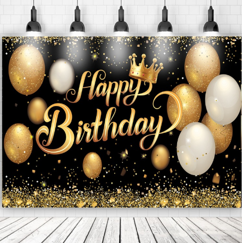 Happy Birthday Backdrop Banner Black Gold Photo Backdrop Sign Poster Balloon Glitter Fireworks Birthday Backdrop Background