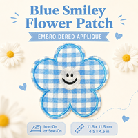 Patch floral en vichy bleu de 11,5 cm, applique brodée thermocollante pour vestes, sacs, chapeaux, vêtements pour enfants, artisanat et décoration DIY