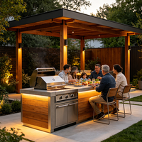 Meubles de cuisine extérieurs modulaires modernes de luxe en acier SUS304, étanches IPX4, avec barbecue, évier et rangement réfrigérateur