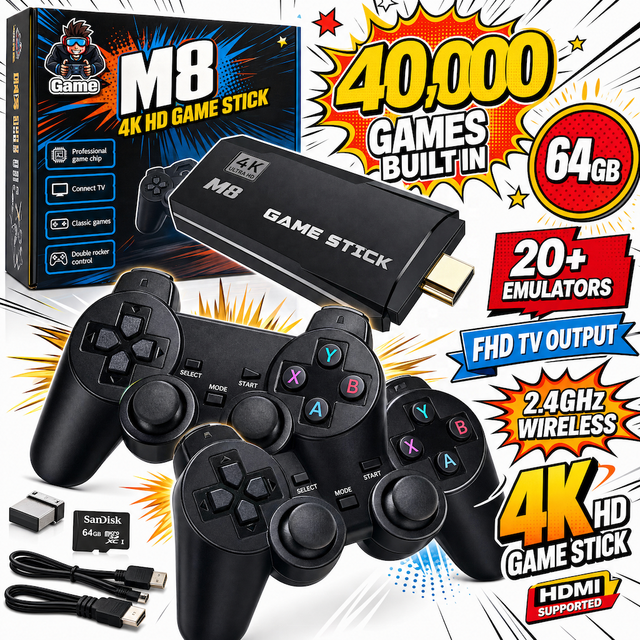 M8 Retro HD 4K TV Video Game Stick with 20000 Preloaded Games and Two Wireless Controllers for Kids & Adults to Play at Home