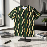 T-shirt pour homme en popeline 3D AOP 100% polyester vert forêt à rayures ondulées, séchage rapide, respirant, col rond, prêt à être expédié avec motif