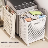 Panier à linge en plastique à roulettes avec roues universelles, panier à linge sale ventilé et ajouré avec poignées en cuir