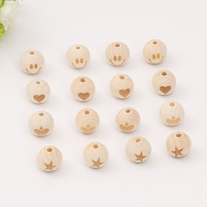 Perles en bois rondes gravées au laser en forme de cœur, étoile, couronne, sourire pour la fabrication de bracelets, couleur bois naturel, 20 mm - Product Image 3