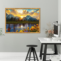 Impression sur toile encadrée prête à accrocher, Art mural en verre Grand Teton Park, Paysage montagneux avec tournesol, Verre trempé