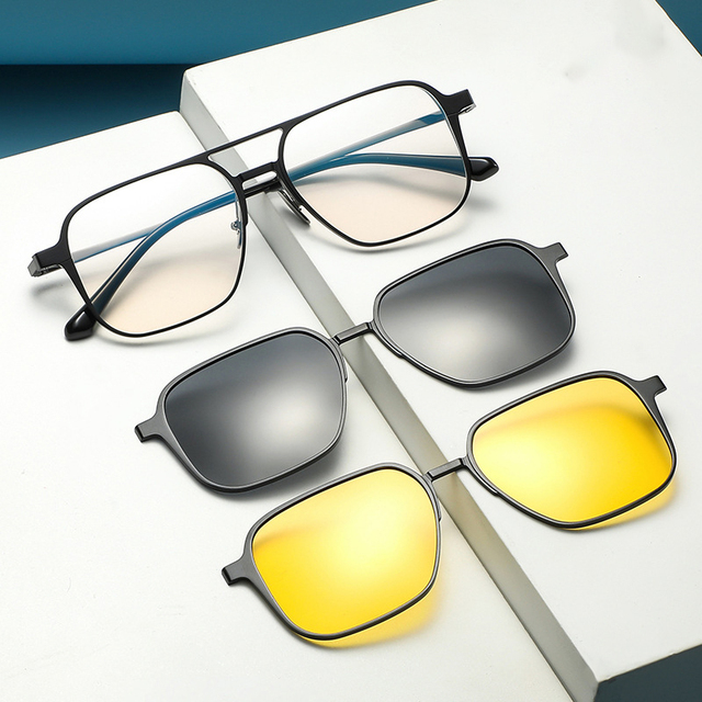 55mm 3 in 1 Men Fashion Square Aluminum Magnesium Glasses Frame With Polarized Clip on Sunglasses Pure Titanium Legs 9906