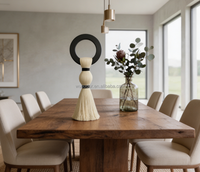 Centre de table moderne en bois neutre avec anneau unique et pompons en coton, décoration de table basse, sculpture de table de salon style bohème