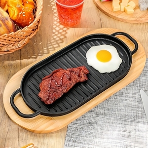 Plaque <span class=keywords><strong>rectangulaire</strong></span> multifonctionnelle en fonte antiadhésive avec base en bois - Product Image 5