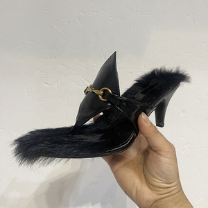 Low Heels Women <b>Clip</b> Toe Fluffy Fur Slides Dress on Metal Decor Thong Sandals Fashion Summer Slippers Shoes Size 43 - Product Image 6