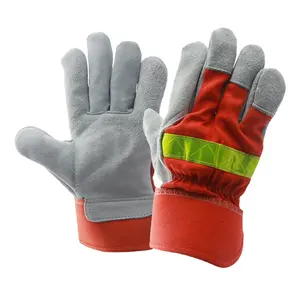 GL1013A High Visibility Orange Traffic Gloves Cow Split Leather Safety Working Gloves With Reflective Tape