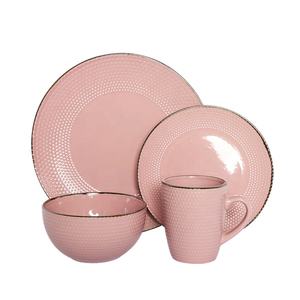 Happy Go Hot 16 pièces ensemble de vaisselle <span class=keywords><strong>en</strong></span> grès à points antiques vaisselle <span class=keywords><strong>en</strong></span> céramique glaçure métal jante café Restaurant utilisation échantillon gratuit - Product Image 6