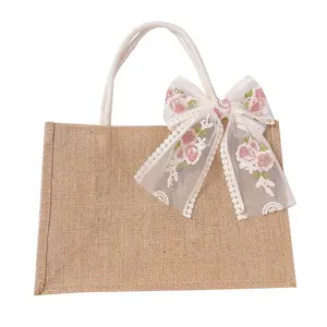 factory spot wholesale exquisite jute tote bag cotton linen shopping bag canvas bag with a bow