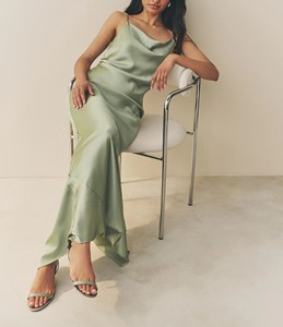 Sage Green Satin Floor-Length <b>Spaghetti</b> <b>Strap</b> Vintage Casual Summer Solid Hanging Neck Loose Comfortable Long Skirt - Product Image 2
