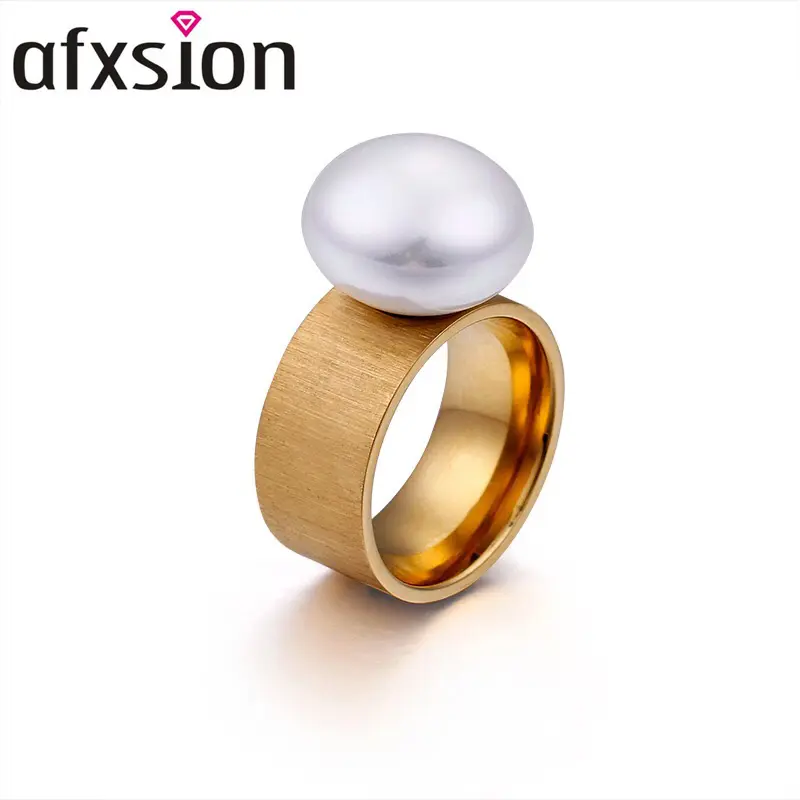 AFXSION Wholesale simple ring with pearl charm Woman Fashion ring Selling Korean Jewelry stainless steel Ring