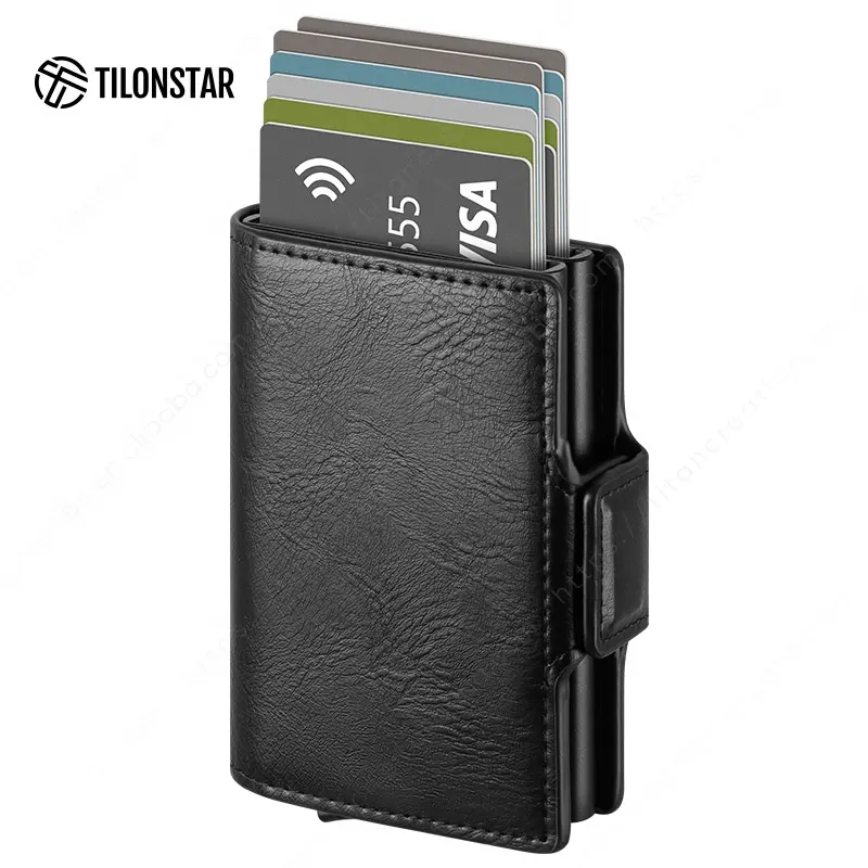 Custom Double Wallet Aluminum ID Card to Block Credit Card Carbon Fiber Minimalist Business Pop Up Leather Wallet Card Holder