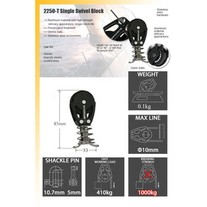 Polea para Velero Blue Shark 2250-T, Simple/Giratoria, con Diámetro de Rueda de 38 mm, Diámetro de Cable de 10 mm, Herraje Marino de Aleación de Aluminio - Product Image 2