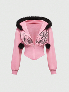 <b>Women's</b> <b>Black</b> Faux Fur Trim Cropped <b>Hoodie</b> <b>Zip</b> Up Embroidered Sweatshirt Slim Fit Casual Jacket - Product Image 2