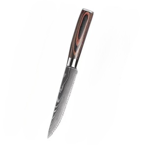Juego de Cuchillos para Carne Profesionales Modernos con Patrón Grabado con Láser, Hojas de Acero de Damasco, Ambidiestros, Mangos de Resina de Madera Azul/Roja - Product Image 6