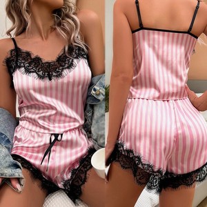 Pijama de satén sexy de dos piezas para mujer, estilo europeo-americano, con cintura elástica y rayas, para descansar. - Product Image 5